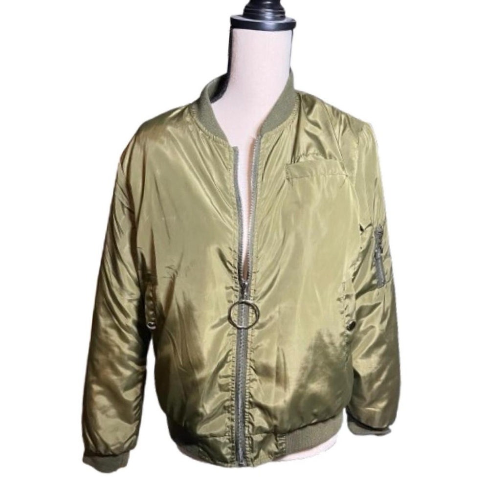 small olive green bomber jacket with quilted orange padding